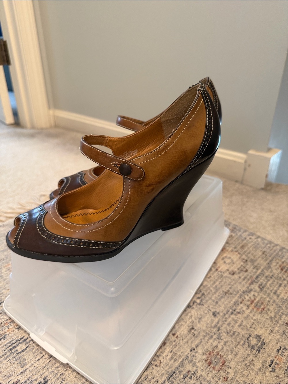 Unlisted Two-Tone Tan and Dark Brown Mary Jane Wedge Heels